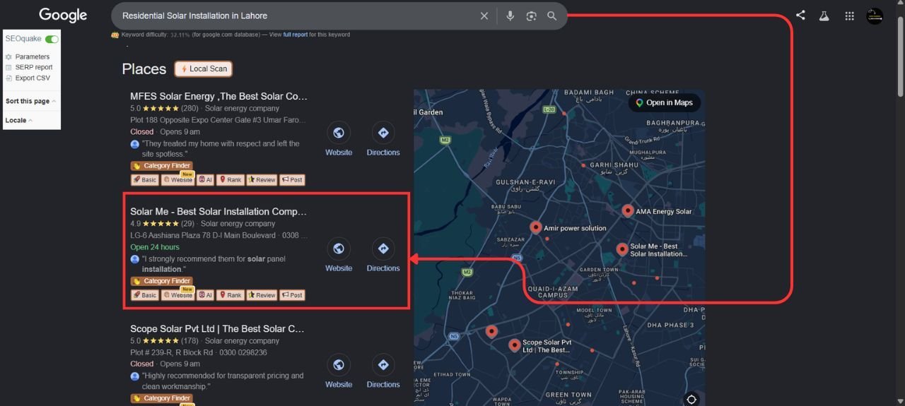 Google Map Pack placement for 'residential solar installation in Lahore' — recorded July 2026